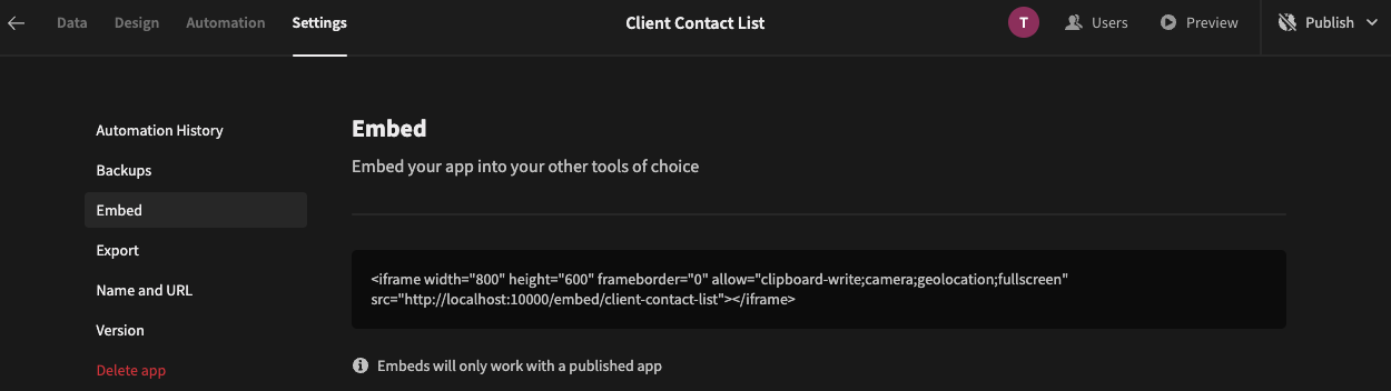 Note: Embeds will only work with a published app