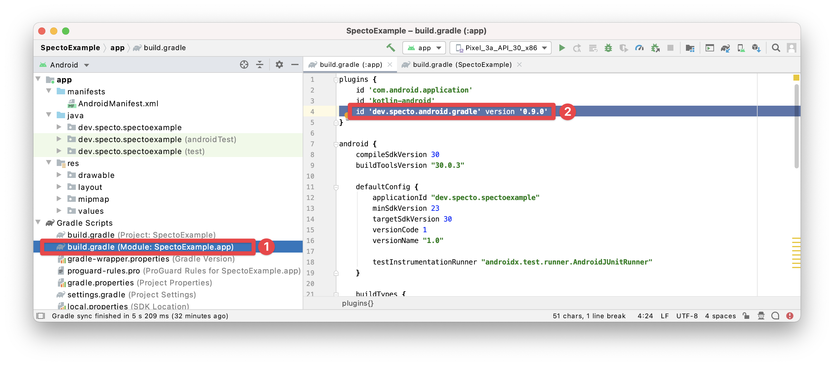 gradle-add-plugin.png Adding the Specto plugin to your application module's build.gradle (steps 1-2)