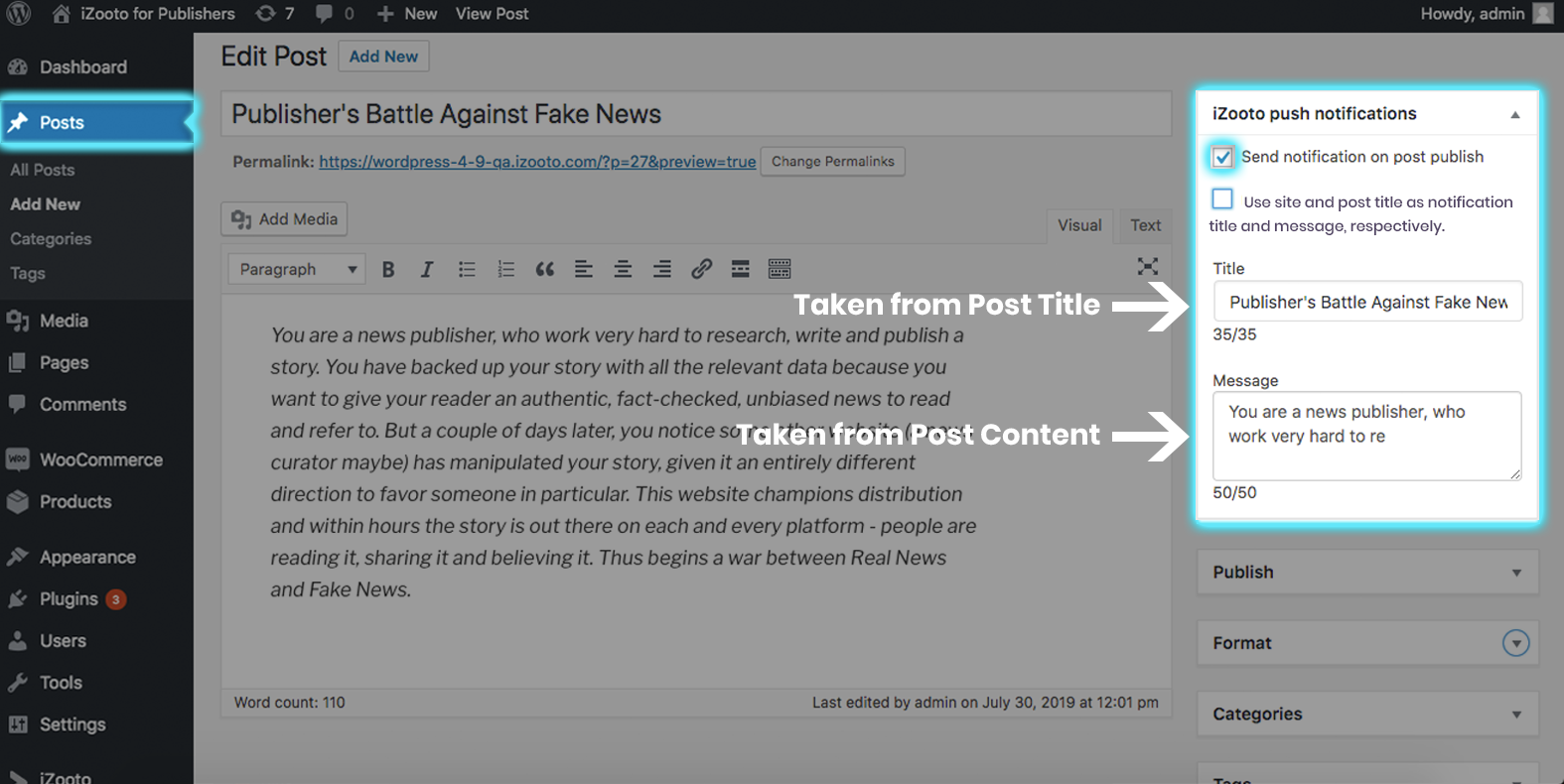 WordPress notification using Site Title and Post Title
