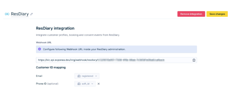 ResDiary integration page showing the generated webhook URL and customer ID mapping