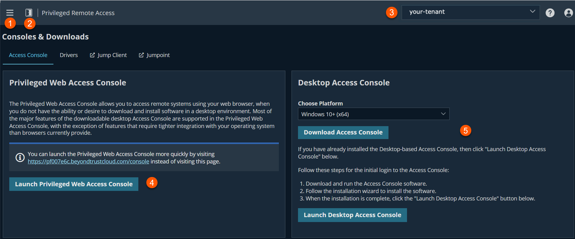 The image is the "Consoles & Downloads" section of a Privileged Remote Access application. It includes options for accessing the Privileged Web Access Console and Desktop Access Console, with instructions and buttons for launching each console.