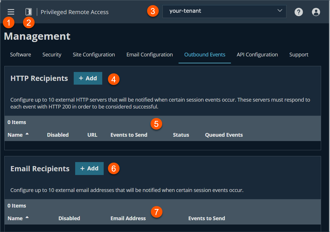 The image shows a management interface for Privileged Remote Access with sections for HTTP Recipients and Email Recipients under the 'Outbound Events' tab. The interface includes options to add new recipients, and displays columns for Name, Disabled, URL, Events to Send, Status, and Queued Events for HTTP Recipients; and Name, Disabled, Email Address, and Events to Send for Email Recipients.