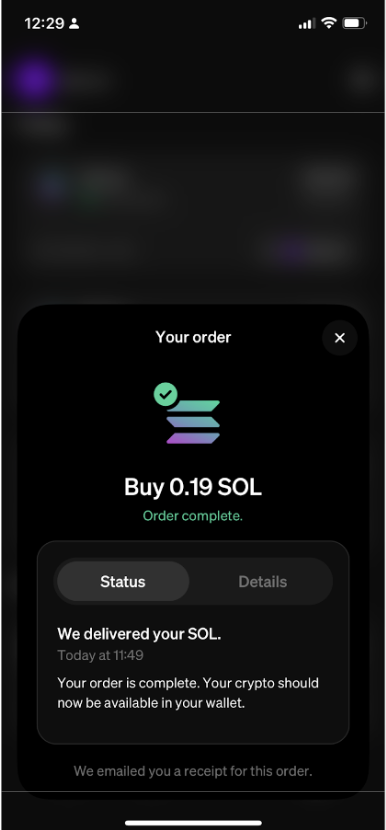 A mobile app's window that shows the transaction is completed.