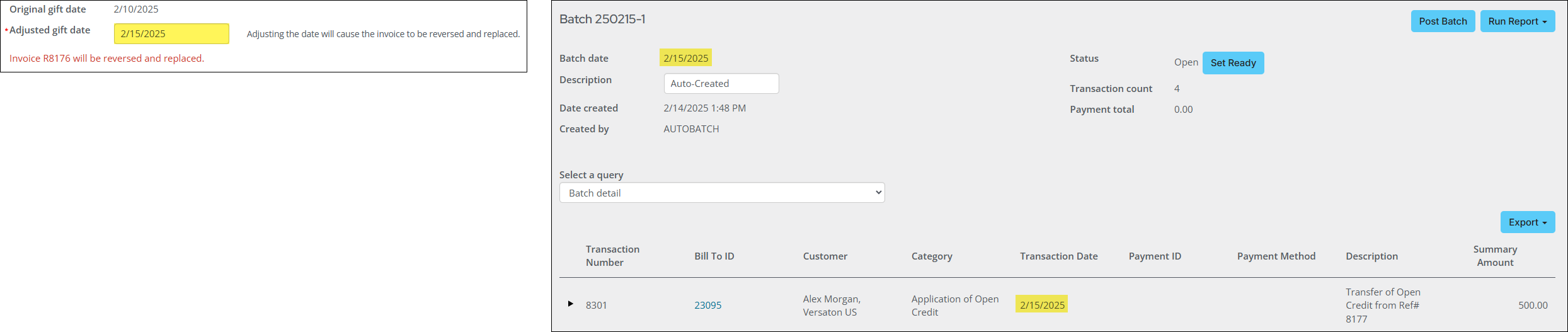 Showing where "Adjusted gift date" will appear in the batch