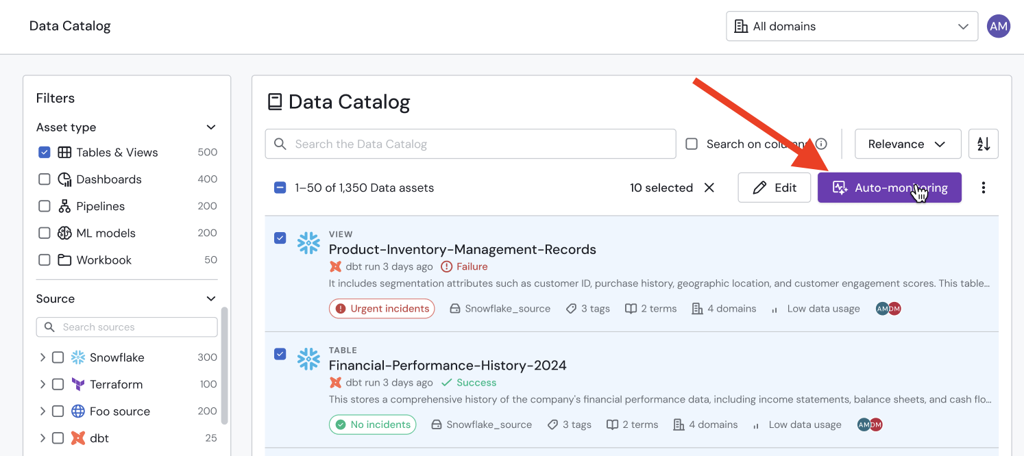 Generating monitor recommendations via the data catalog.