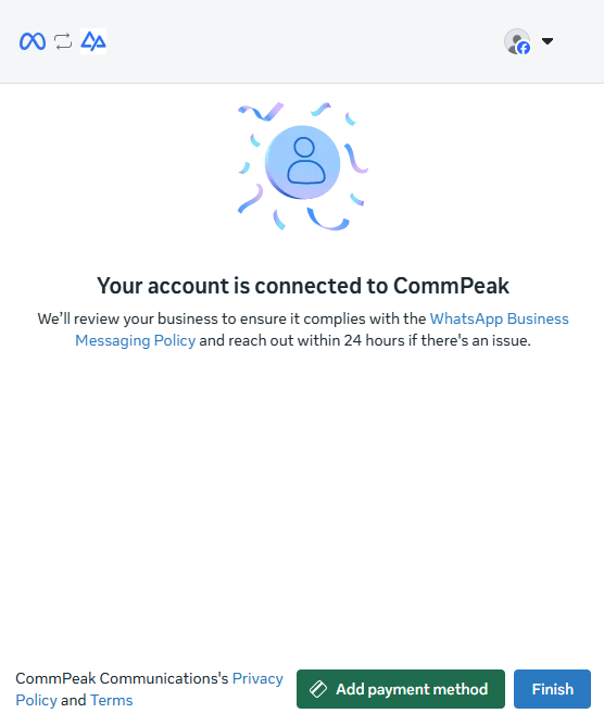 Confirmation that your account is connected to CommPeak, with Add payment method and Finish buttons