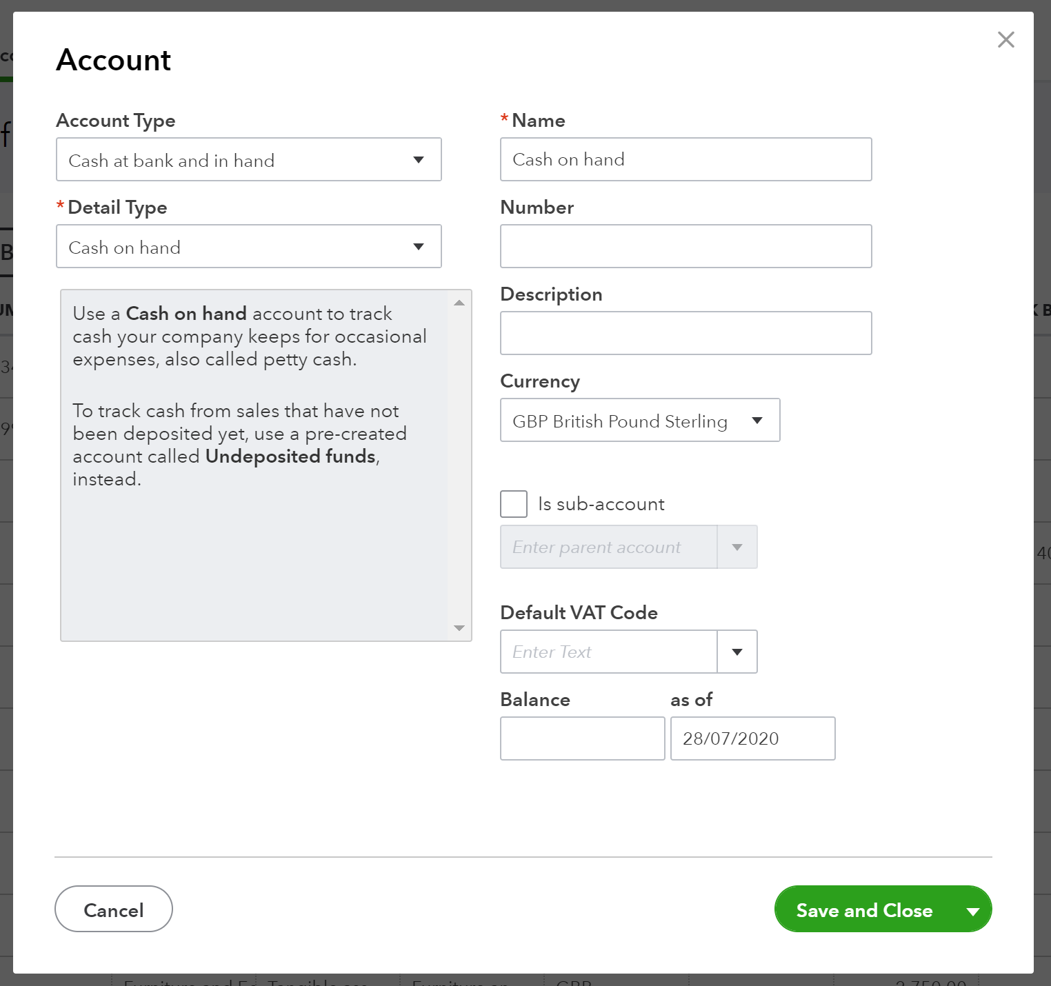 Account settings screen for payment accounts in QBO