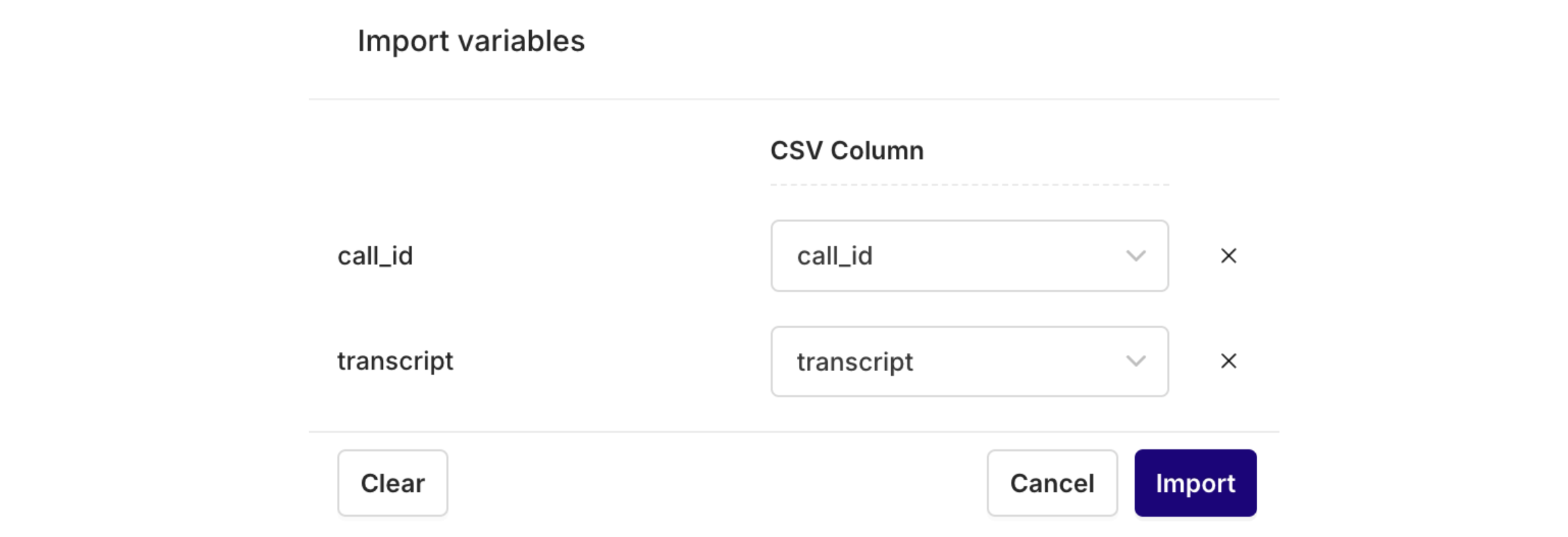 The column to input mapping. Once ready select **Import**.