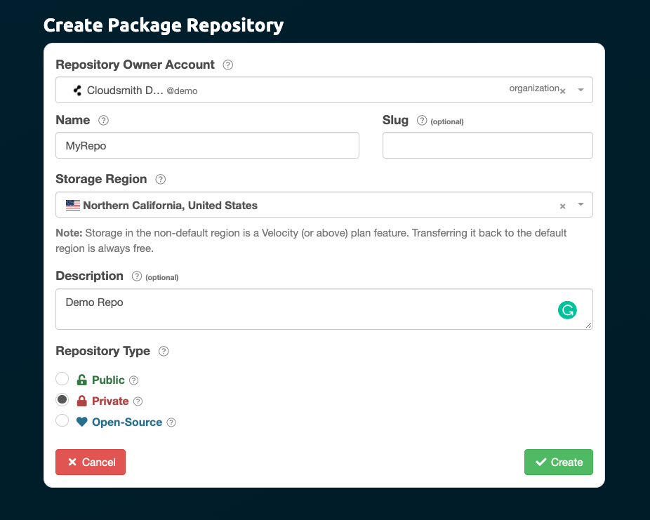 Create Package Repository Form