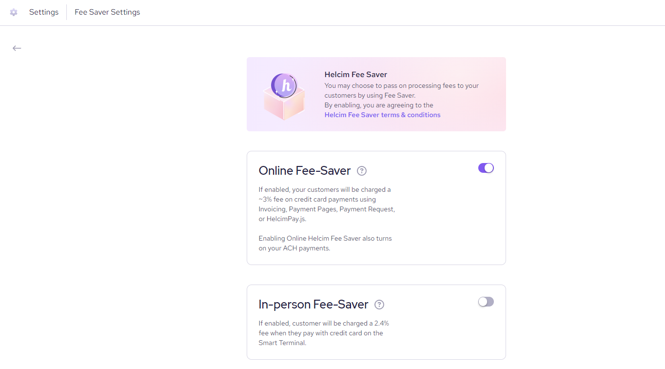 Helcim Fee Saver toggles