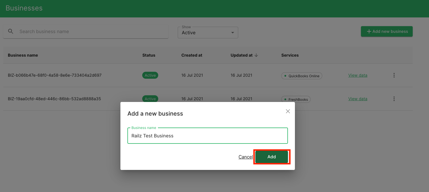 Dashboard - Add Business.png Railz Dashboard - Add Business. Click to Expand.