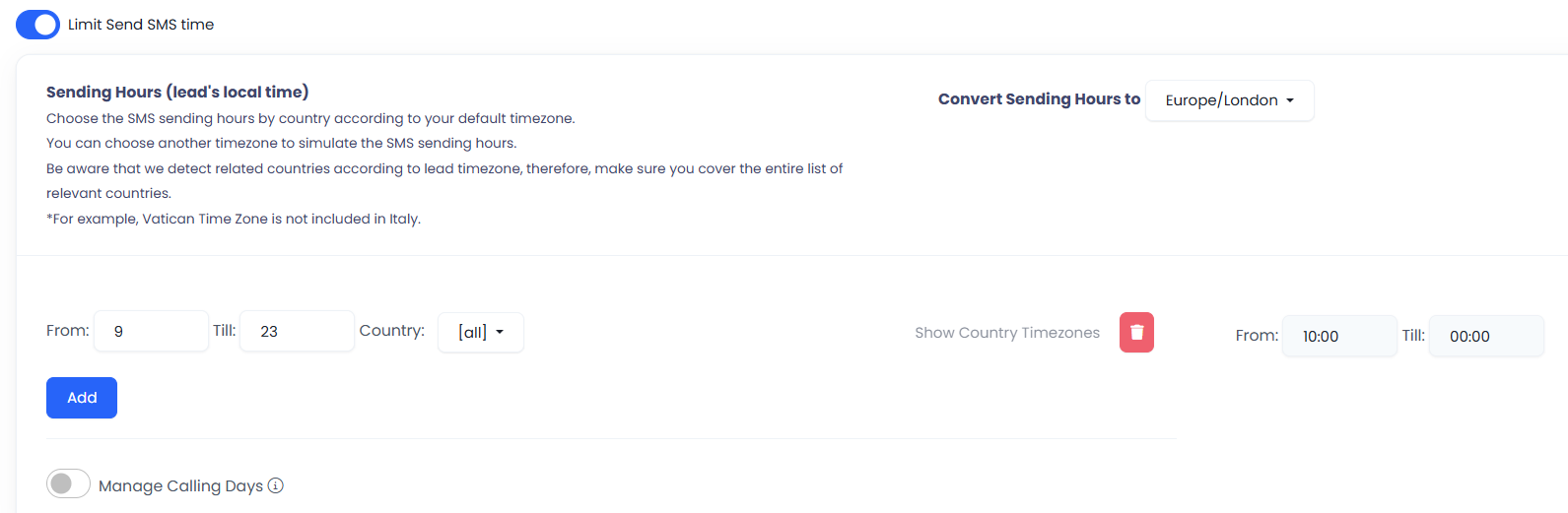 Sending Hours settings