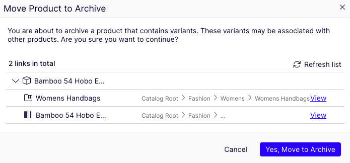 Screenshot of the archive confirmation prompt listing associated variants for the selected item.