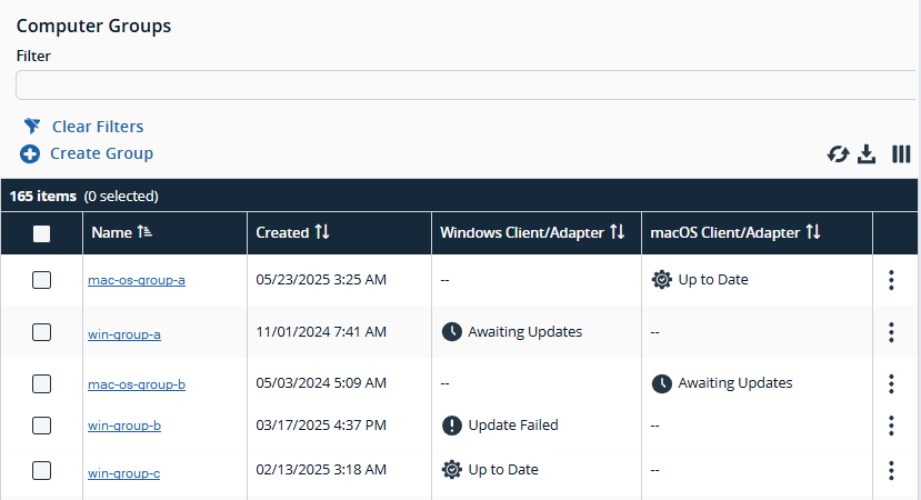 Computer Groups list showing items with Name, Created date, and Windows and macOS update status columns.