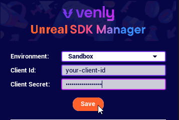 Entering your Client credentials in the Unreal SDK Manager