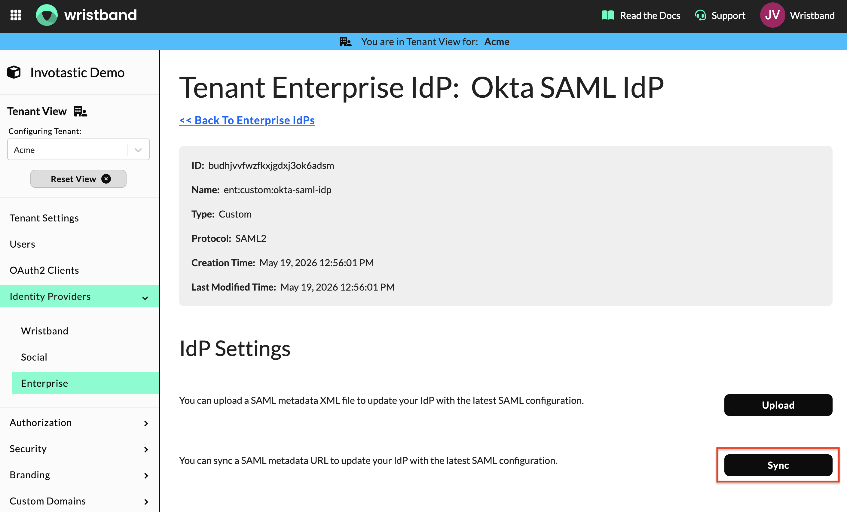Wristband: Edit Custom IdP Page showing the Sync Metadata URL modal button