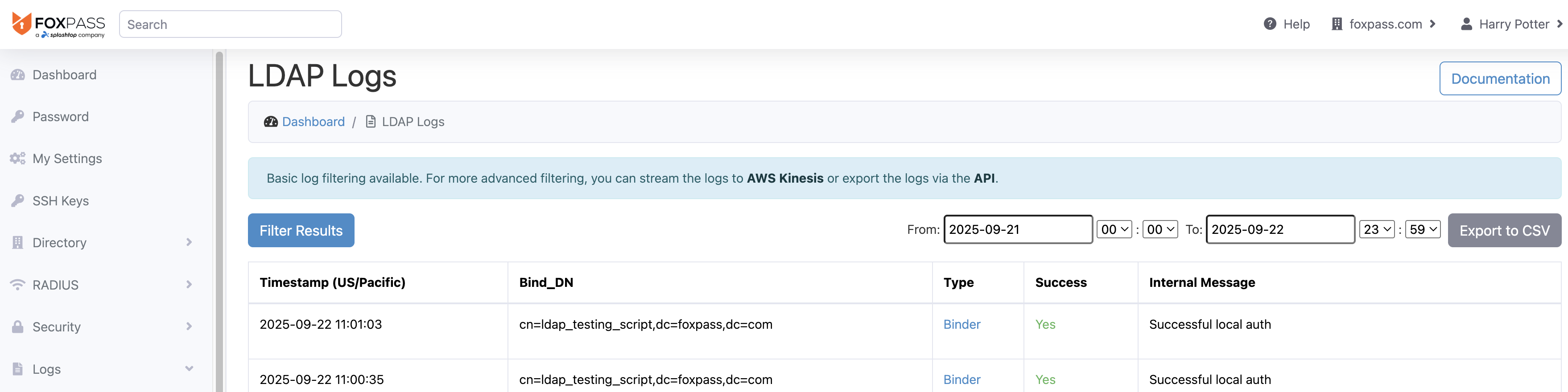 Sample LDAP Logs page