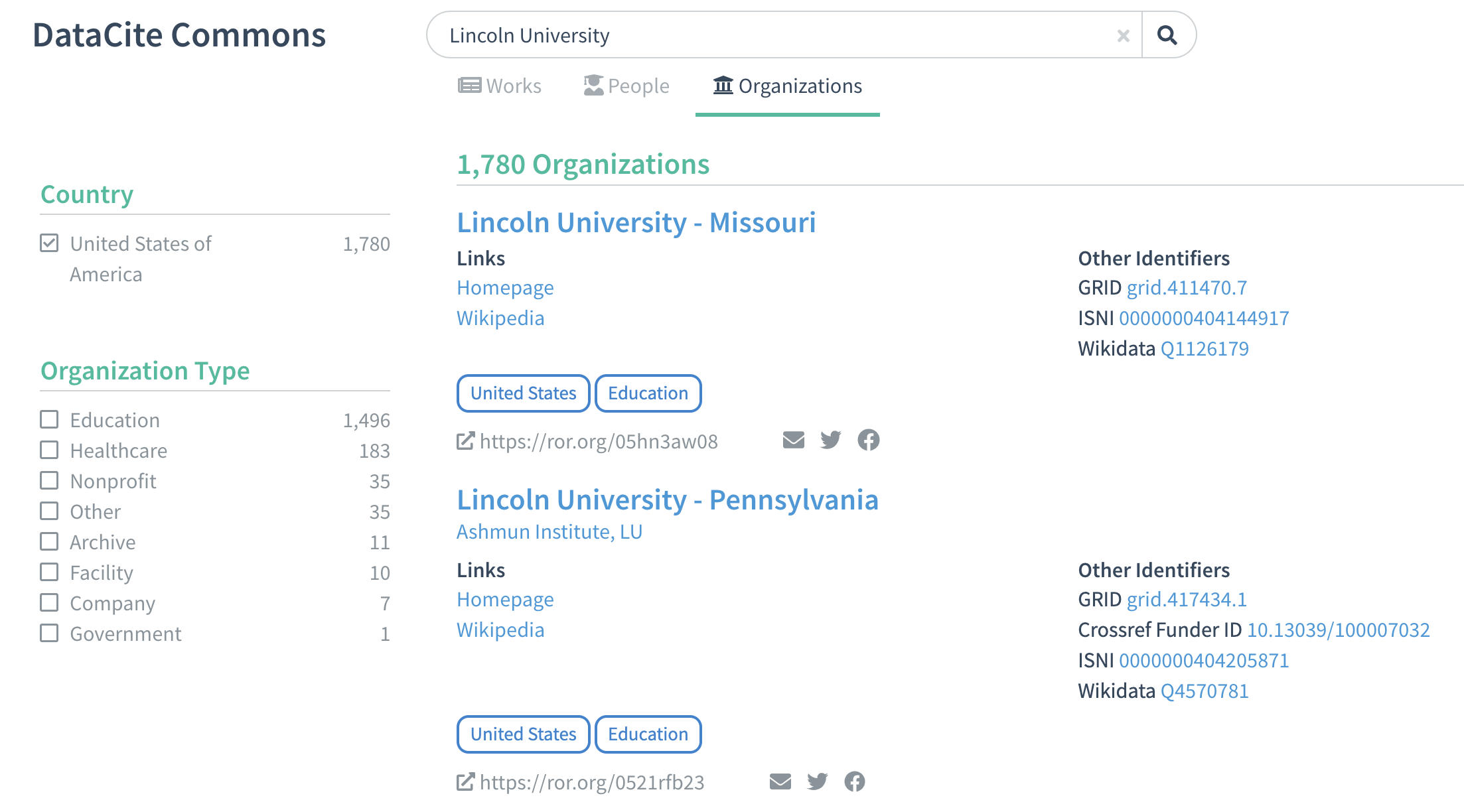 Organization keyword search with filtering by country. https://commons.datacite.org/ror.org?query=Lincoln+University&country=us