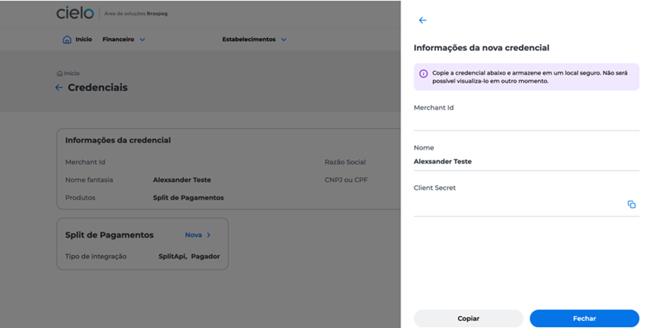 Aviso de que o usuário será redirecionado para a tela de autenticação em duas etapas, com recomendação de leitura do artigo explicativo. Após concluir a autenticação com sucesso, será exibida a tela com os dados da nova credencial