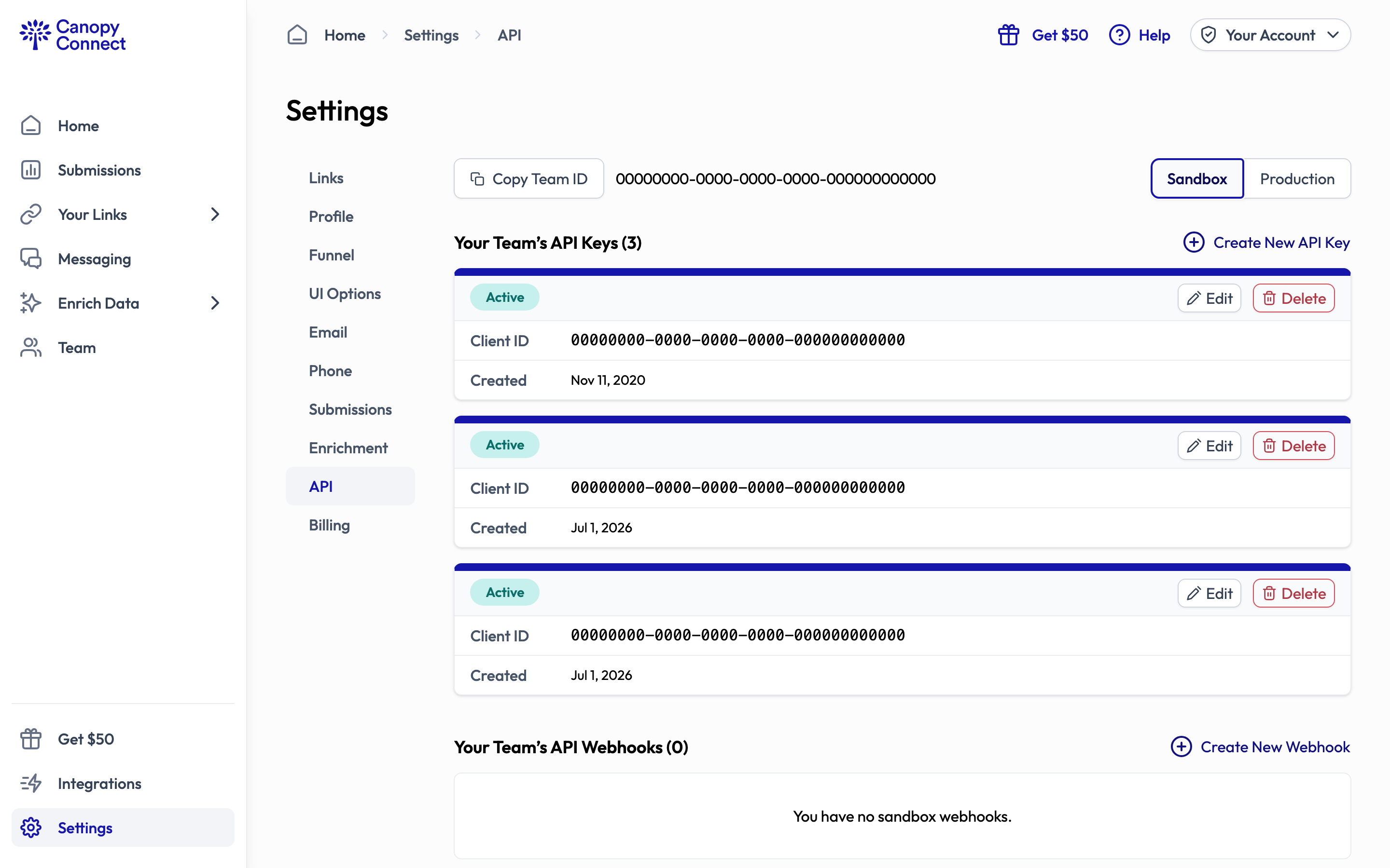 API Key Sandbox vs Production Toggle