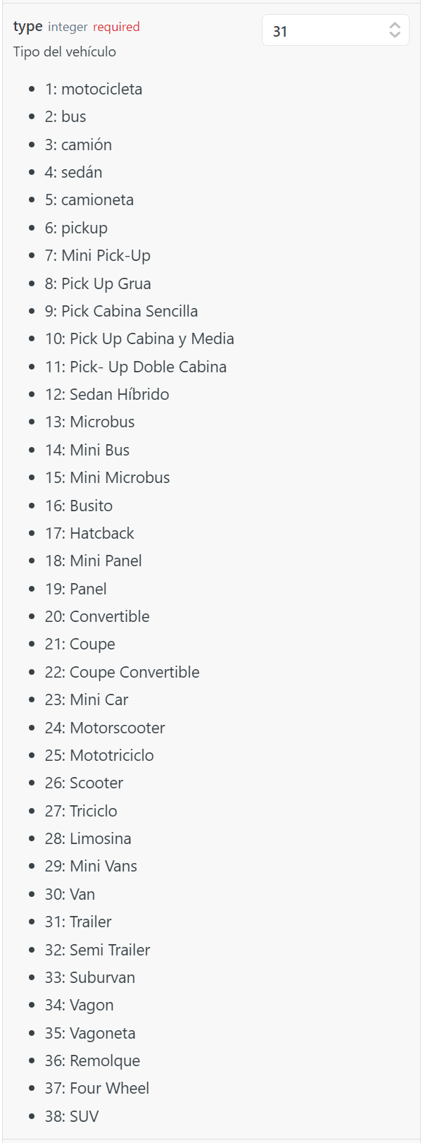 Campo en la api body.items[i].vehicle.type. [endpoint](https://developer.alanube.co/v1.0-PAN/reference/createinvoices-1)