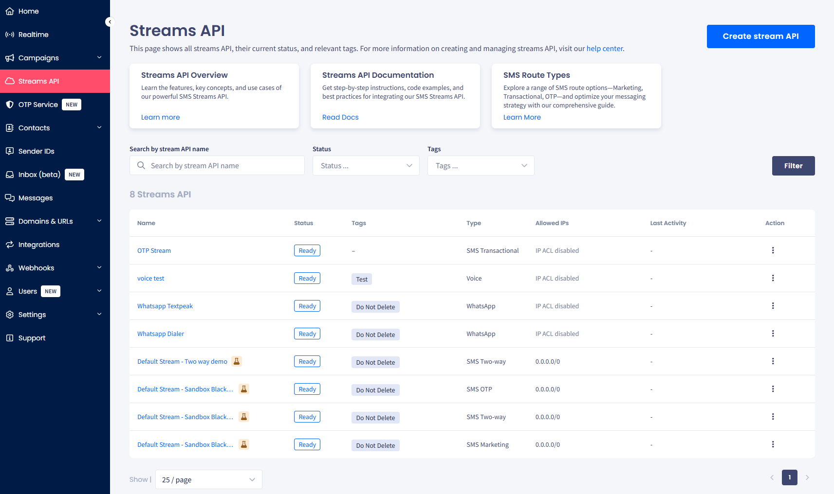 Screenshot of the Streams API page