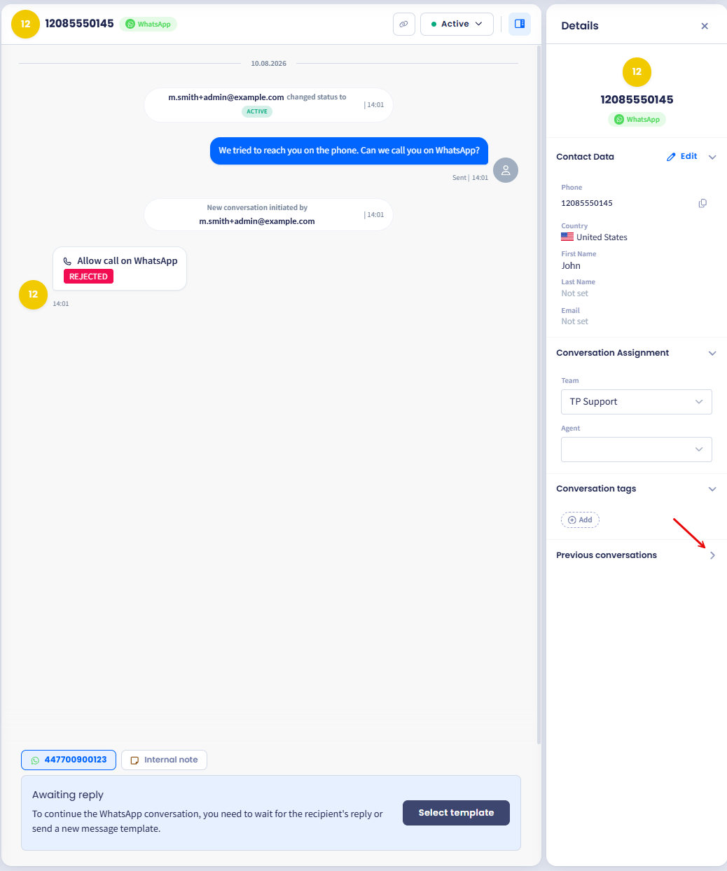 Screenshot of the Inbox Details panel with the Previous conversations section expanded, listing one earlier SMS conversation with its date and Active status