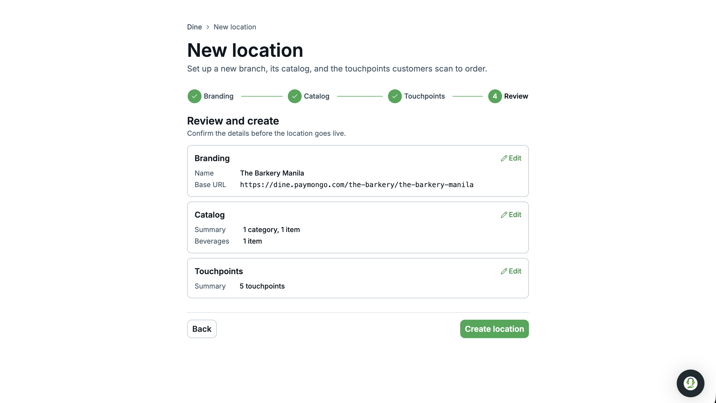 review and submit the dine setup