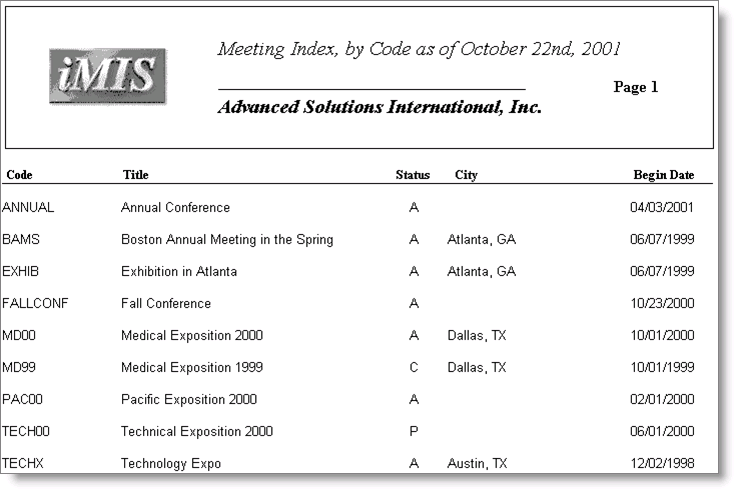 Desktop: Events > Generate reports >  Meetings > Meeting Index, By Code