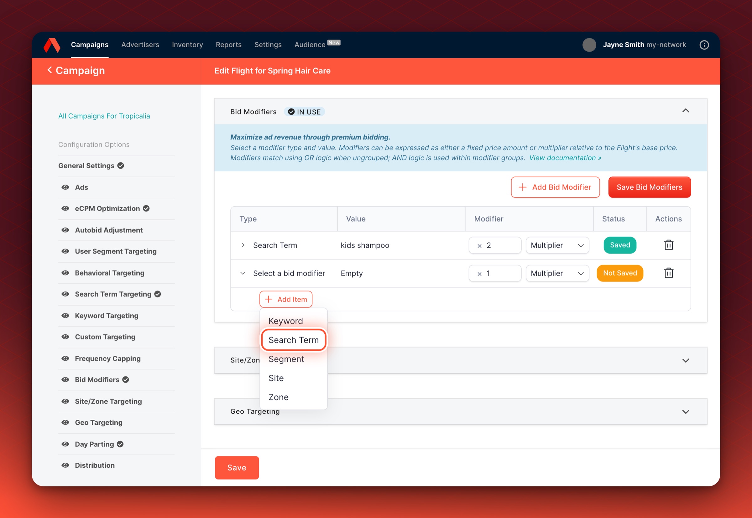 The Bid Modifiers panel in the Flight editor with the Add Item menu open. Search Term is circled in the list of modifier types, which also offers Keyword, Segment, Site and Zone.