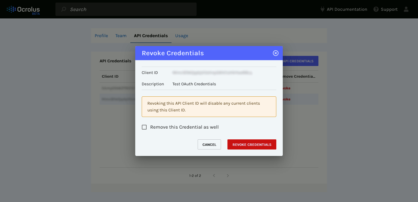 Revoking a set of credentials named "Test OAuth Credentials."