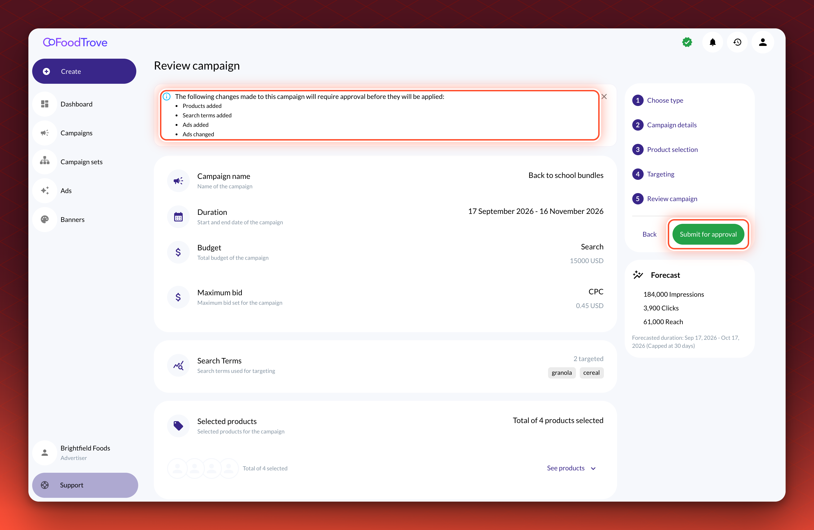 The last step of editing a campaign. A banner lists the changes that will require approval before they are applied, such as Products added and Search terms added. The Submit for approval button is in the steps panel on the right, next to Back.