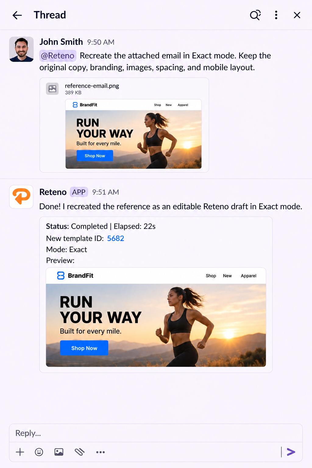 Recreating an email from a reference with the Reteno agent in Slack