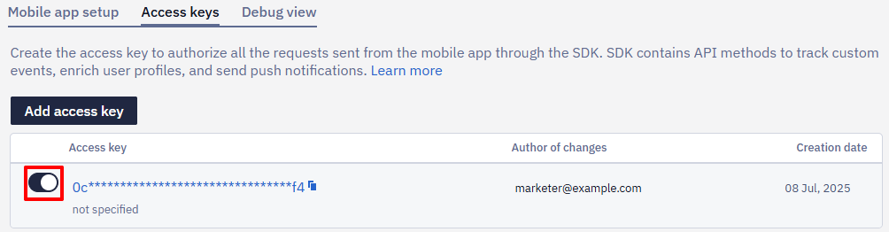 To enable the access key, click the slide button on the left-hand side