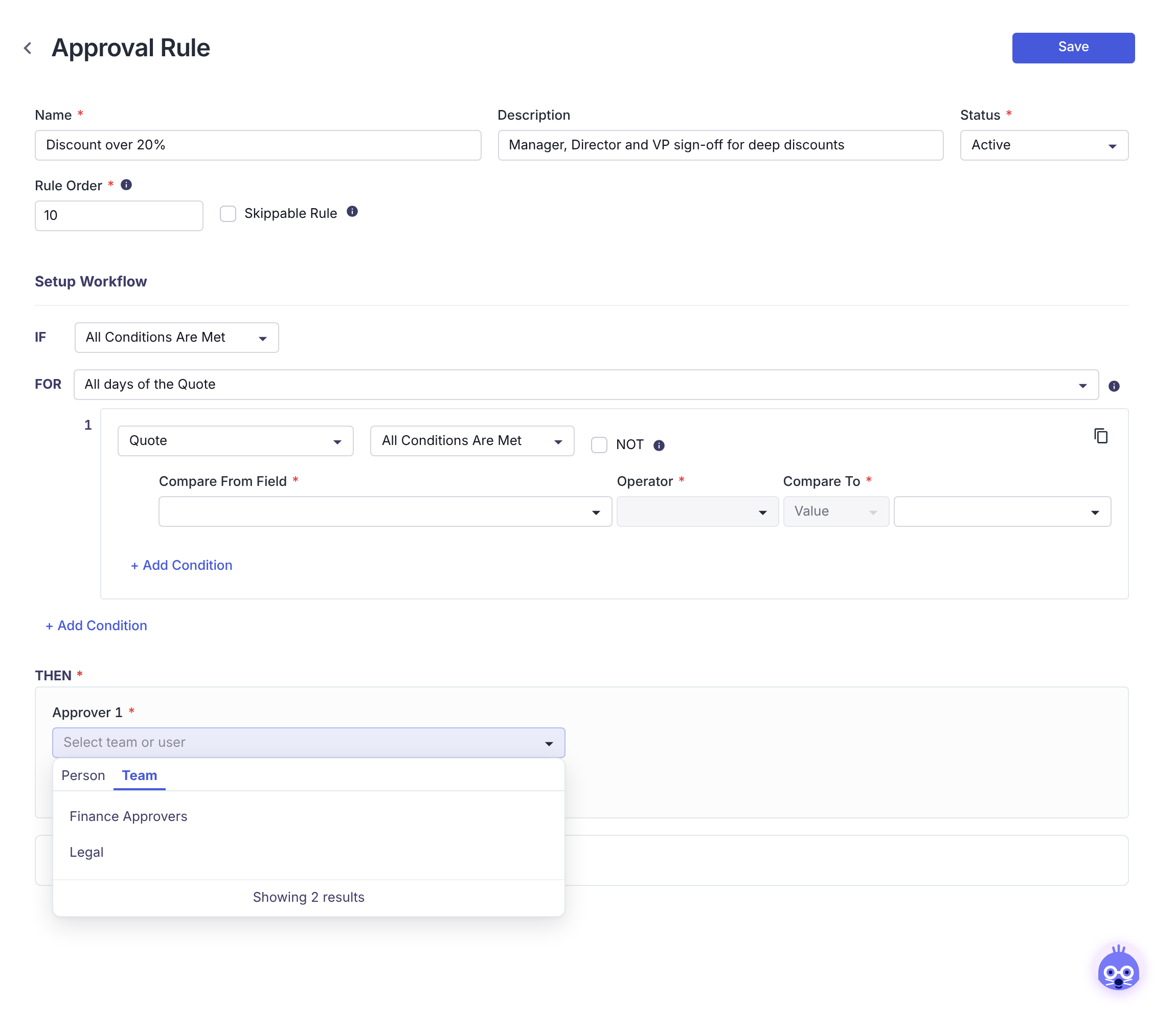 Choosing a team as an approver Approver picker open on the Team tab, listing the teams "Finance Approvers" and "Legal".