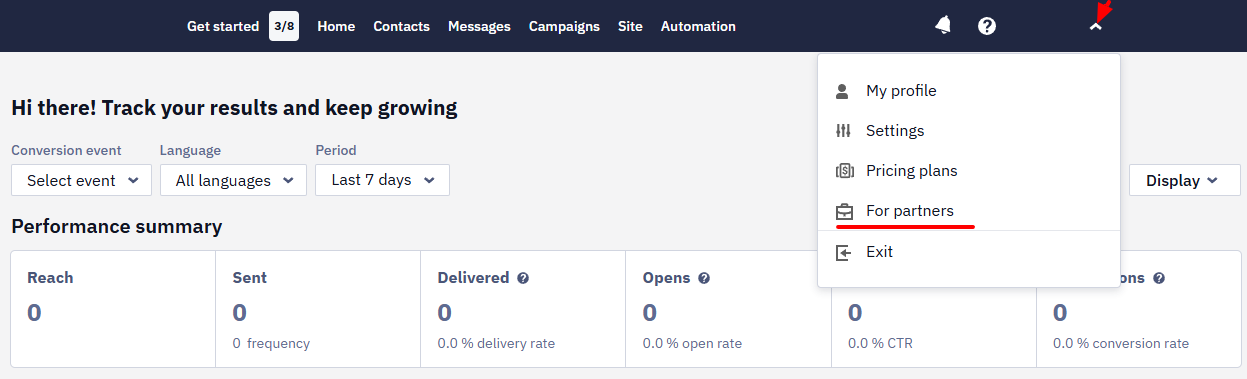 Account menu open in the top-right corner with the For partners option highlighted
