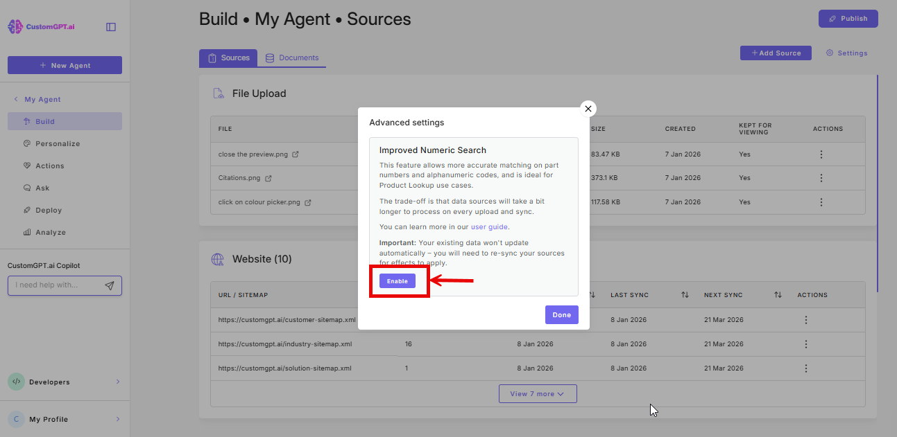 Enable button on the Improved Numeric Search modal on the build page