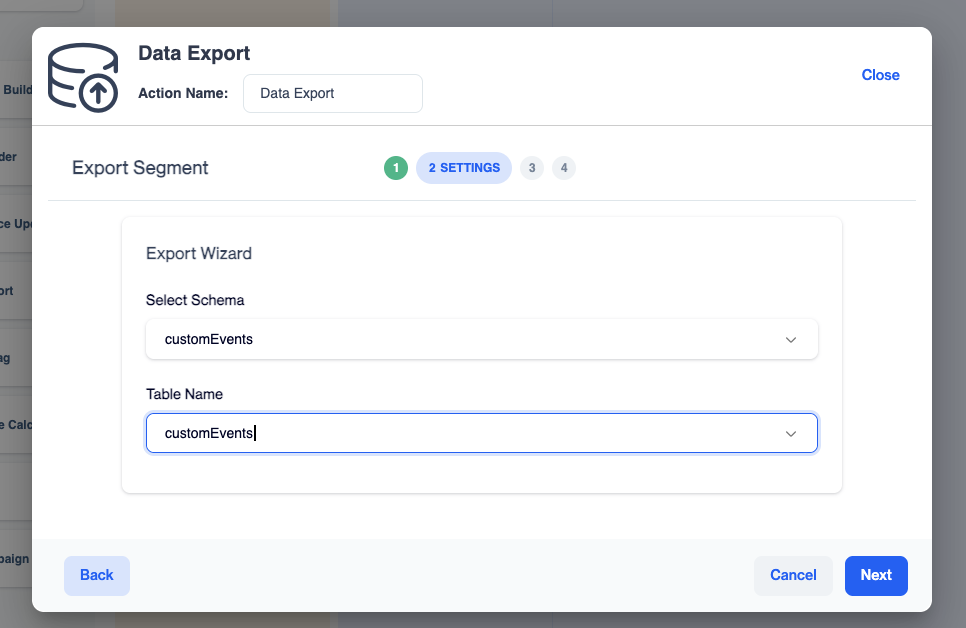  Export Wizard screen with the Select Schema and Table Name dropdowns. 
