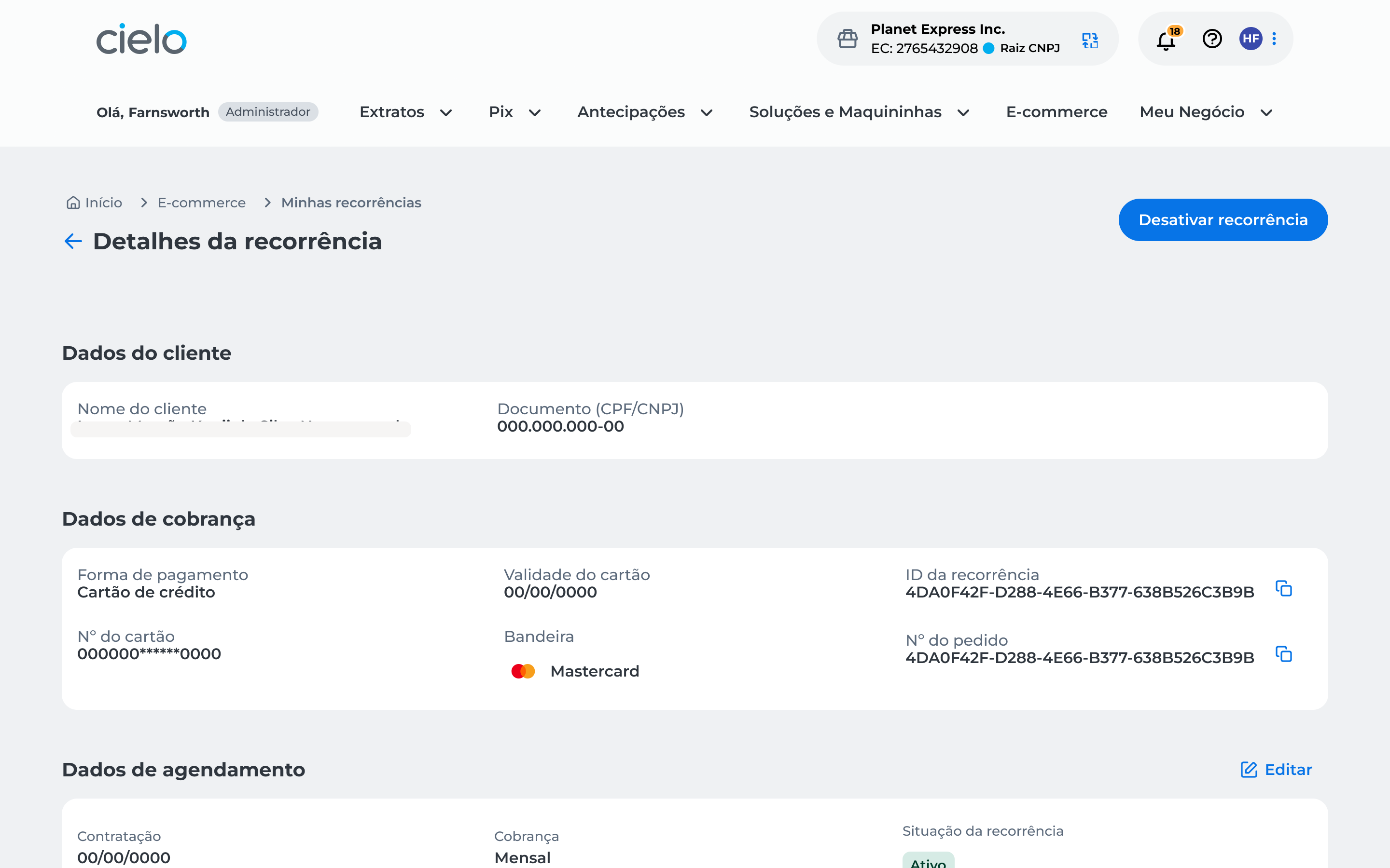 Tela de desativar recorrência no site Cielo