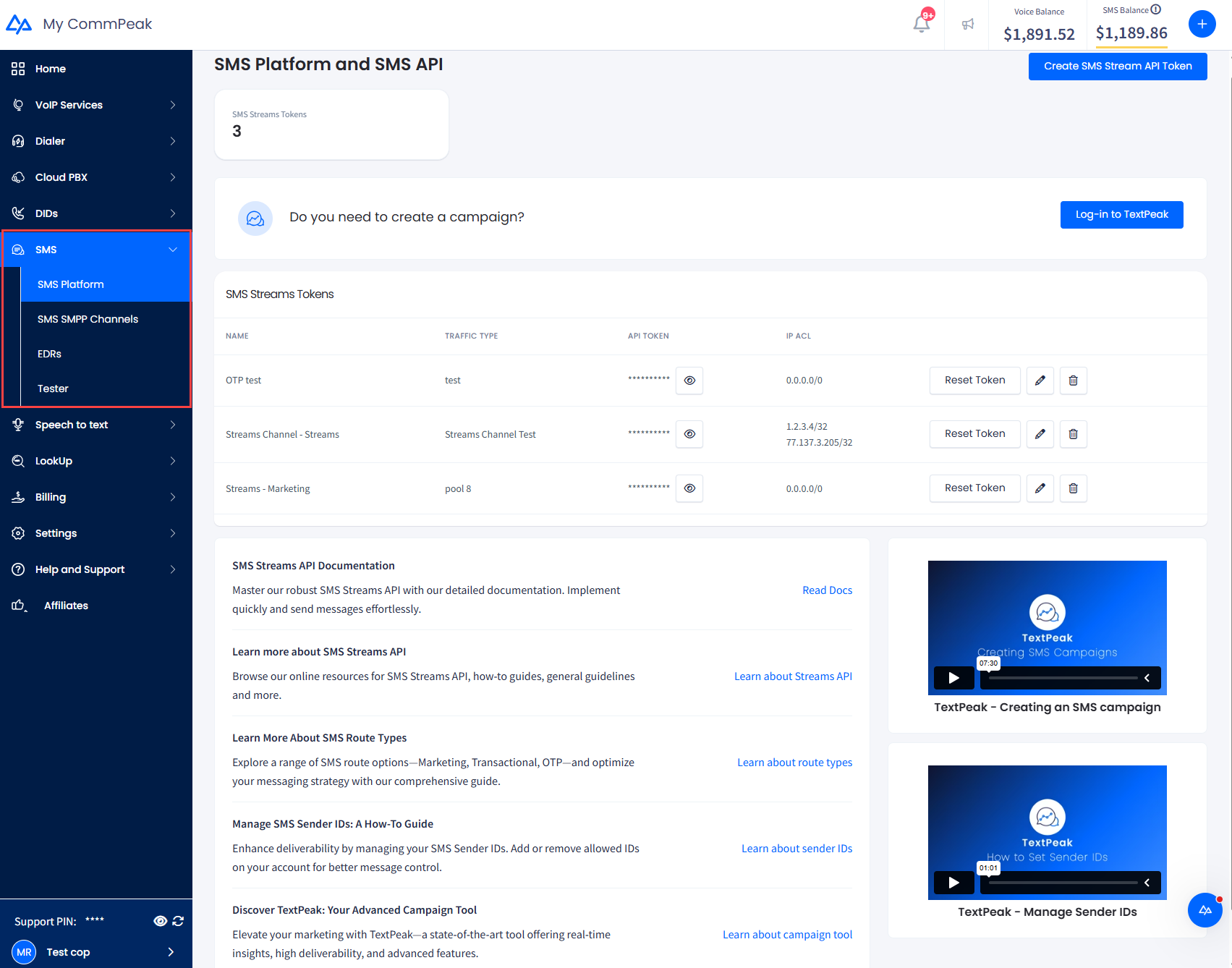 Screenshot of the SMS menu tabs