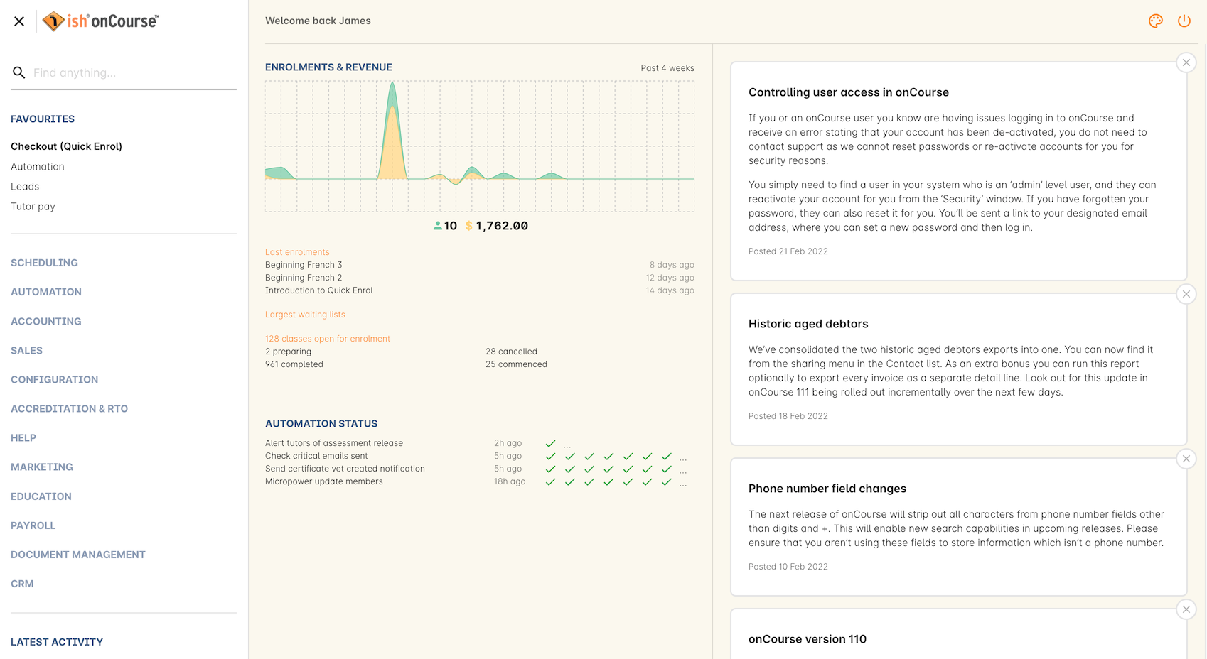 Figure 1. The onCourse Dashboard