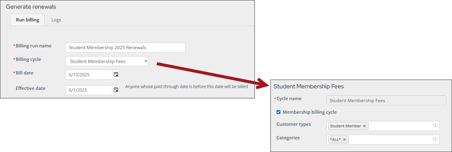 Selecting a billing cycle with only one customer type