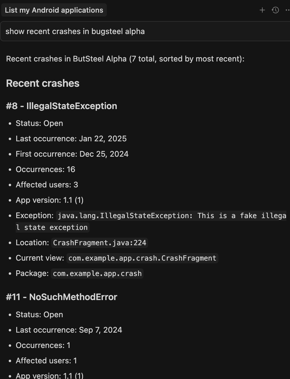 Luciq MCP Server in Cursor - List Crashes