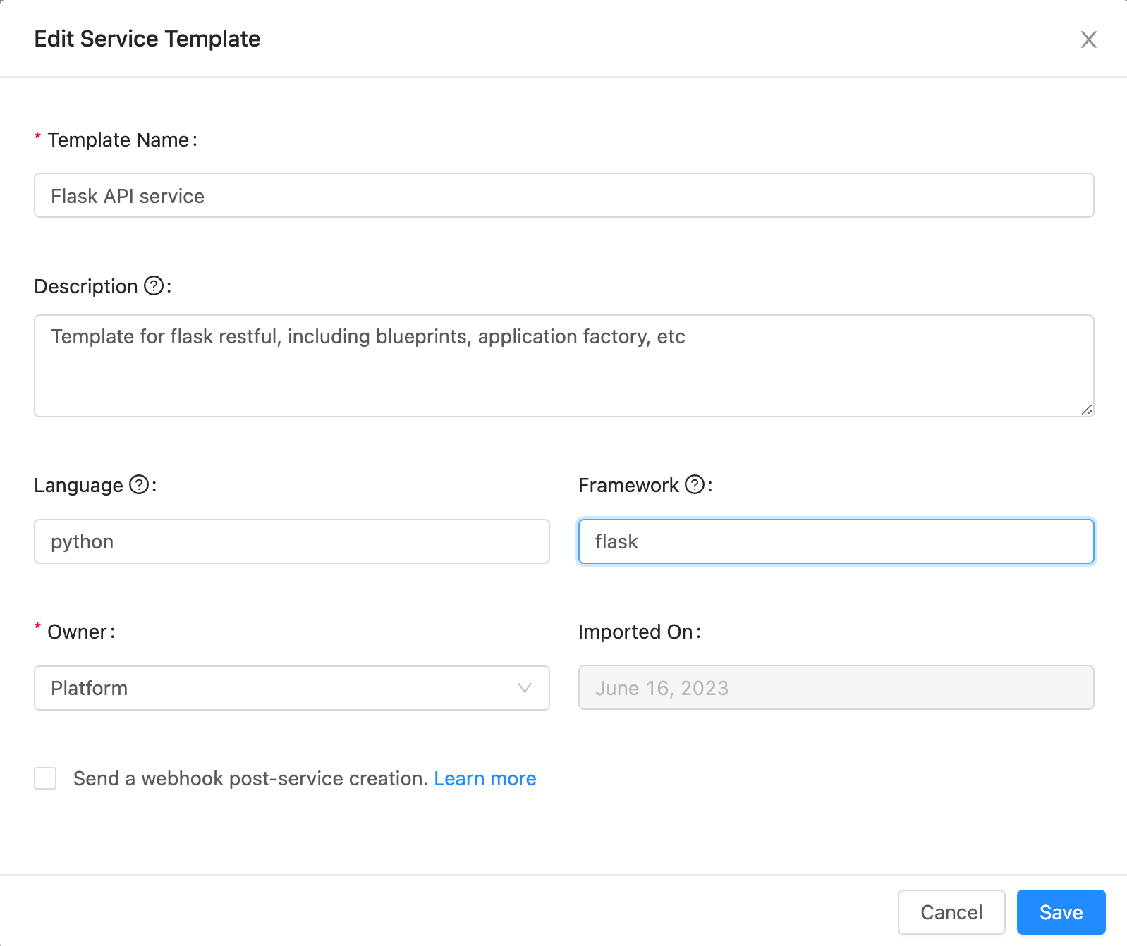 Service template metadata form