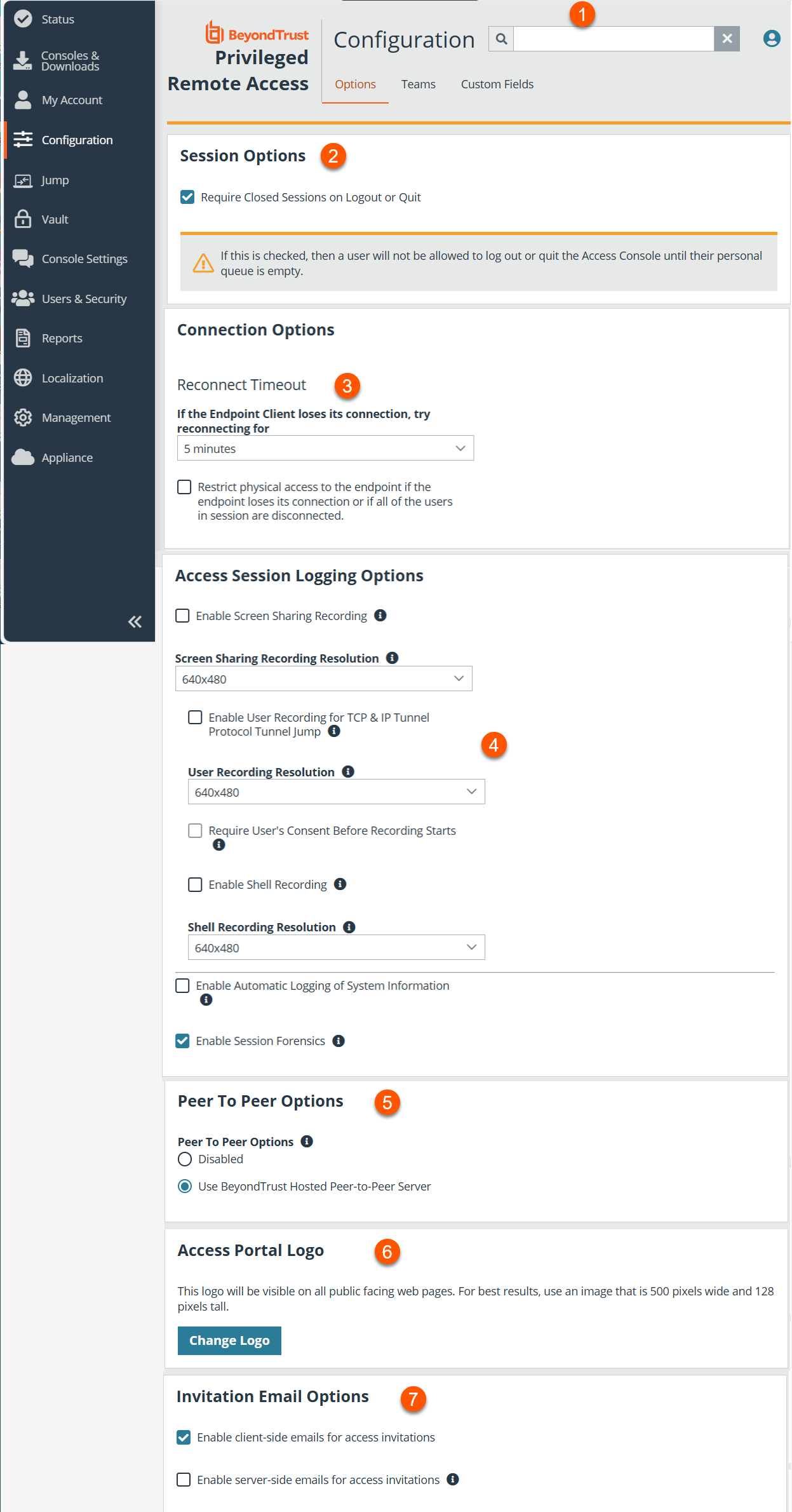 An image of the "Configuration" section in the BeyondTrust Privileged Remote Access interface, under the "Options" tab. It includes settings for session behavior, connection timeouts, access session logging (such as screen sharing and shell recording), peer-to-peer server usage, access portal logo customization, and invitation email preferences. Various checkboxes, dropdowns, and radio buttons are used to configure these options.