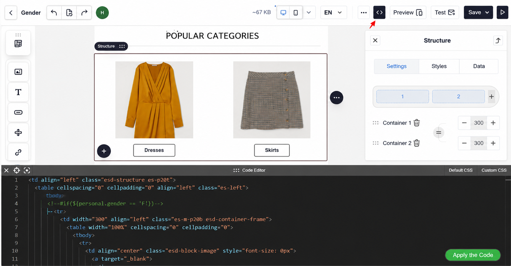 Code editor opened for the women's selection block