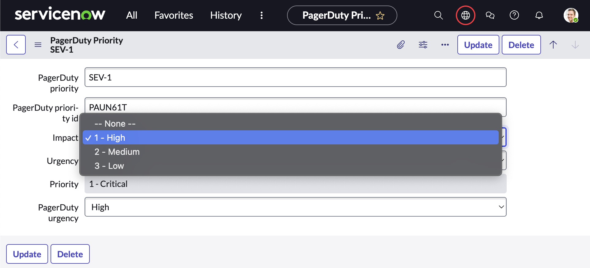 Select ServiceNow Impact and Urgency value pairs to map to the PagerDuty Priority record