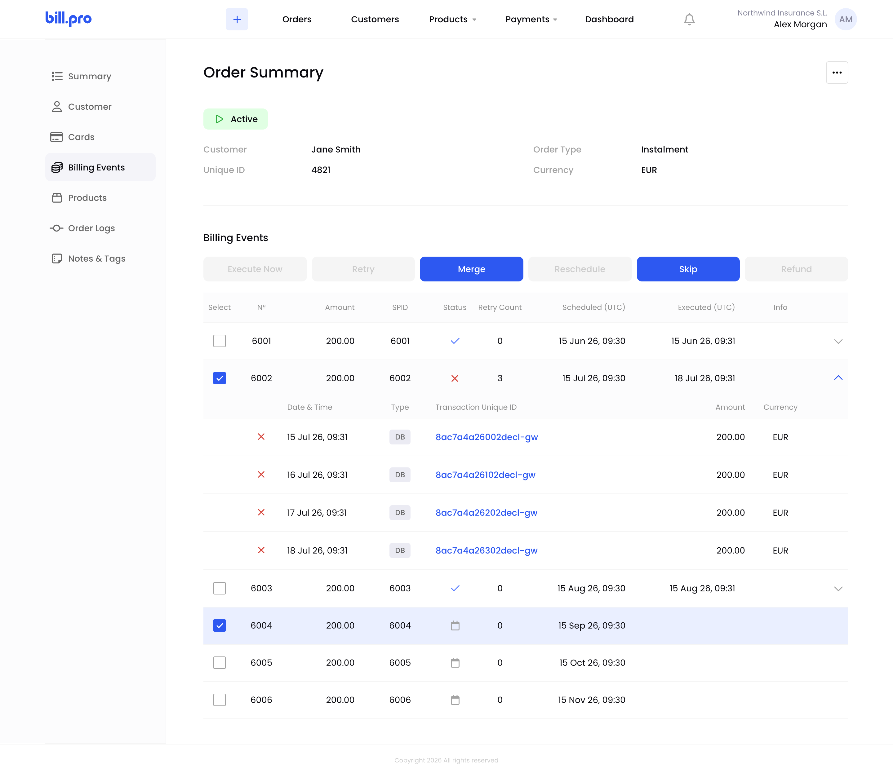 A failed and a scheduled billing event selected, with Merge and Skip available