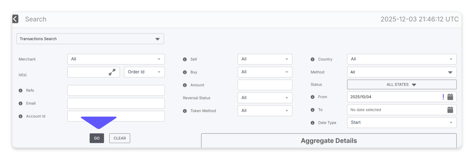 Screenshot of the search tool's fields and the GO button.