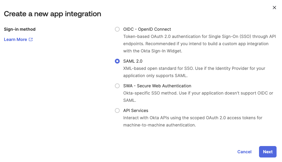 Selecting SAML 2.0 as the Sign-In Method for an SSO Application in Okta